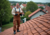 Rénover sa maison : évaluer le coût des toitures en tuiles Ouvrier en overalls sur un toit en tuiles rouges