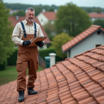 Rénover sa maison : évaluer le coût des toitures en tuiles Ouvrier en overalls sur un toit en tuiles rouges