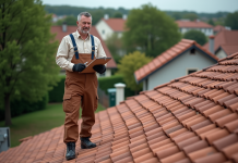 Rénover sa maison : évaluer le coût des toitures en tuiles Ouvrier en overalls sur un toit en tuiles rouges
