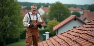 Rénover sa maison : évaluer le coût des toitures en tuiles Ouvrier en overalls sur un toit en tuiles rouges
