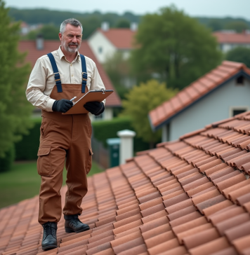 Rénover sa maison : évaluer le coût des toitures en tuiles Ouvrier en overalls sur un toit en tuiles rouges