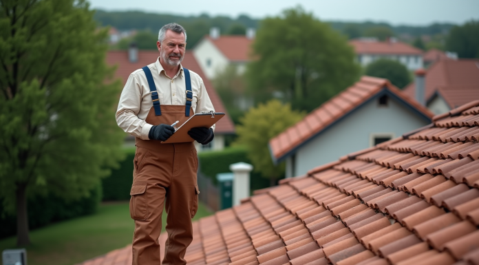 Rénover sa maison : évaluer le coût des toitures en tuiles Ouvrier en overalls sur un toit en tuiles rouges