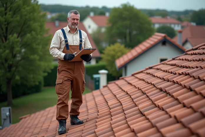 ouvrier-toit-rouge-tiles Ouvrier en overalls sur un toit en tuiles rouges
