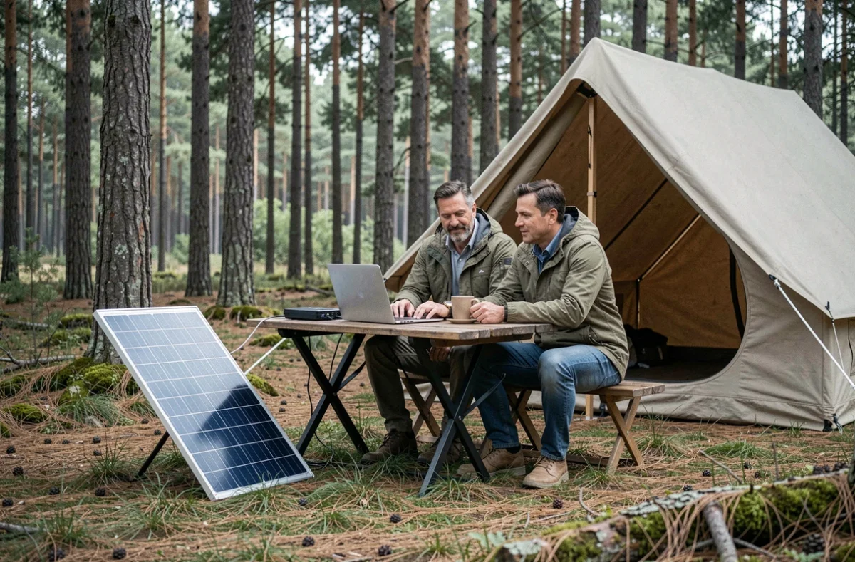 Couple travaillant sur un ordinateur alimenté par un panneau solaire flexible dans un camping en forêt