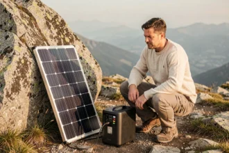 Randonneur connectant un panneau solaire portable à une station d'énergie sur un plateau montagneux