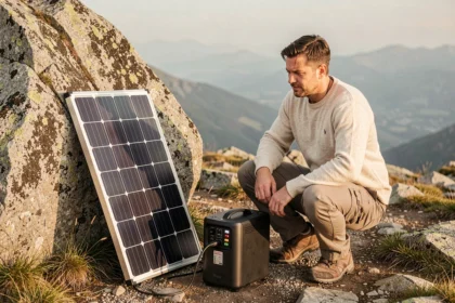 Randonneur connectant un panneau solaire portable à une station d'énergie sur un plateau montagneux