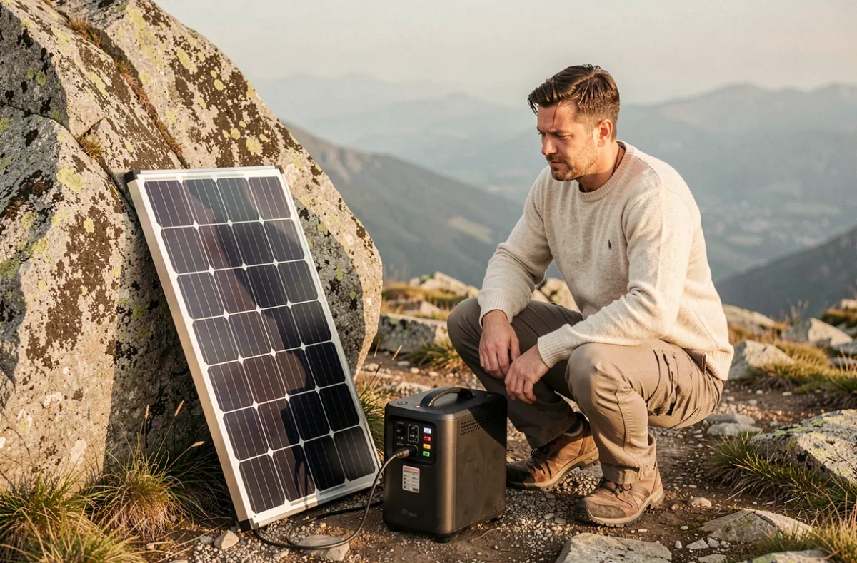 Randonneur connectant un panneau solaire portable à une station d'énergie sur un plateau montagneux