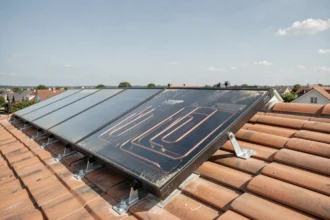 Panneau solaire thermique à capteurs plans installé sur un toit en tuiles, avec tubes en cuivre visibles sous le verre trempé