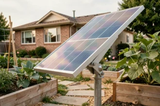 Panneau solaire tracker tournesol installé dans un jardin résidentiel avec mécanisme de rotation visible