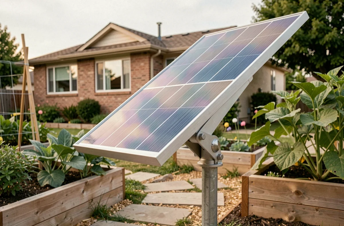 Panneau solaire tracker tournesol installé dans un jardin résidentiel avec mécanisme de rotation visible