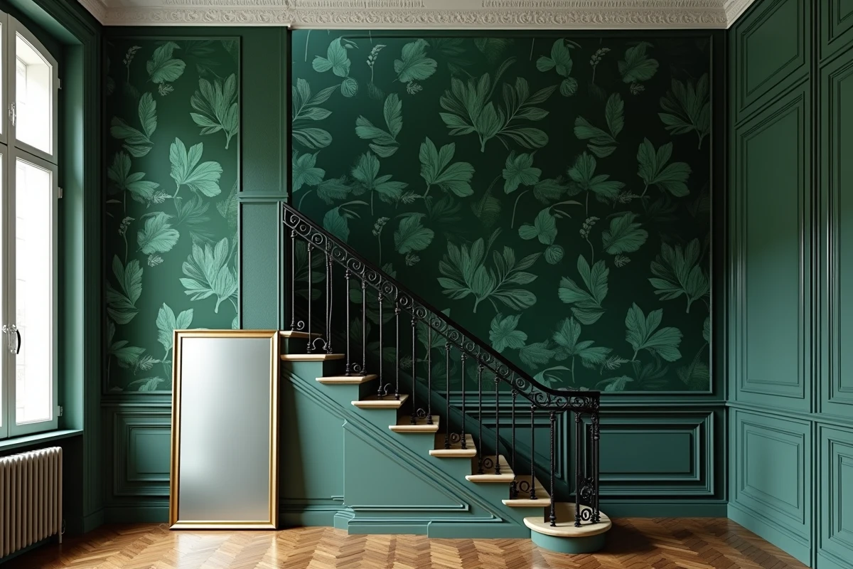 Cage d'escalier haussmannienne avec papier peint botanique vert foncé et miroir doré dans un appartement parisien