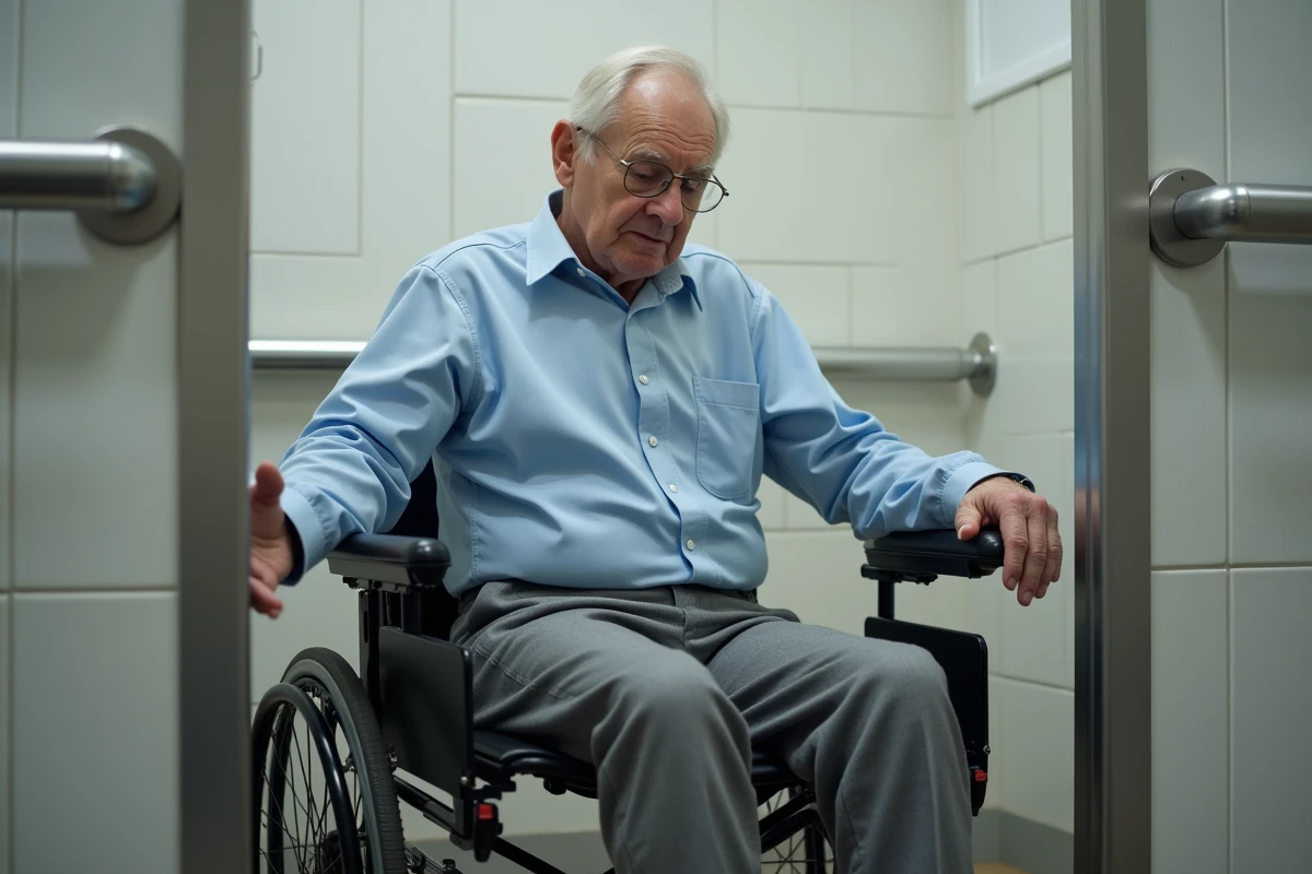 Homme age en fauteuil devant toilette accessible en salle de bain