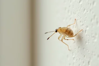 Gros plan d'un petit insecte transparent sur un mur blanc intérieur, détail macro réaliste
