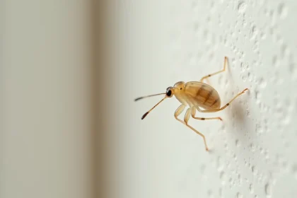 Gros plan d'un petit insecte transparent sur un mur blanc intérieur, détail macro réaliste