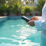 Personne en blouse blanche testant une piscine trouble en extérieur