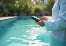 Personne en blouse blanche testant une piscine trouble en extérieur