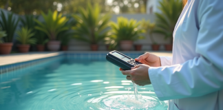 Personne en blouse blanche testant une piscine trouble en extérieur