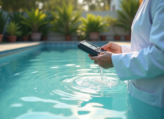 Personne en blouse blanche testant une piscine trouble en extérieur
