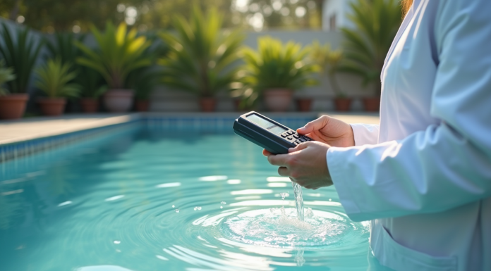 Personne en blouse blanche testant une piscine trouble en extérieur