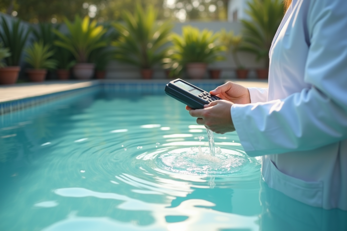Personne en blouse blanche testant une piscine trouble en extérieur