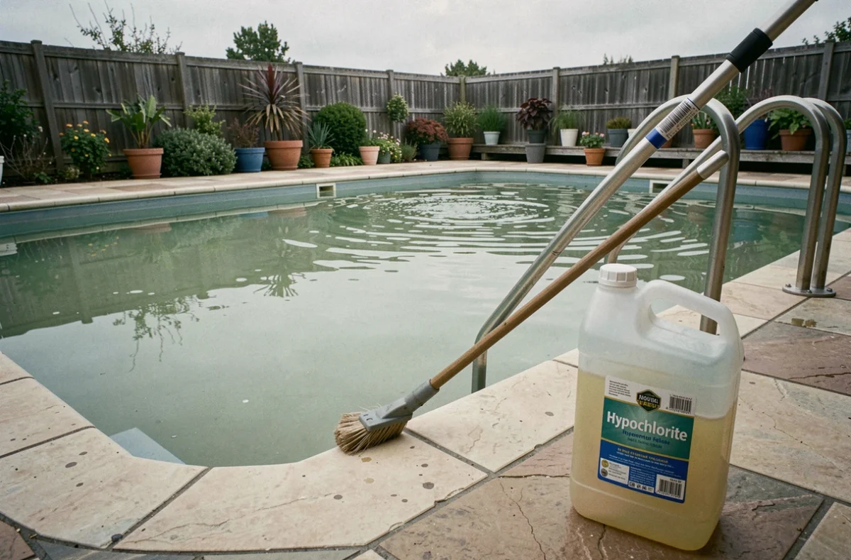 Vue large d'une piscine avec eau trouble verte et produits de traitement à la javel au bord