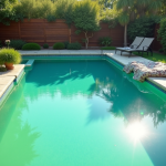 Piscine extérieure avec algues et soleil brillant