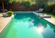 Piscine extérieure avec algues et soleil brillant