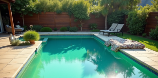 Piscine extérieure avec algues et soleil brillant