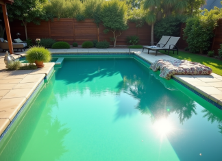 Chlore choc piscine verte : les raisons expliquées et solutions efficaces Piscine extérieure avec algues et soleil brillant
