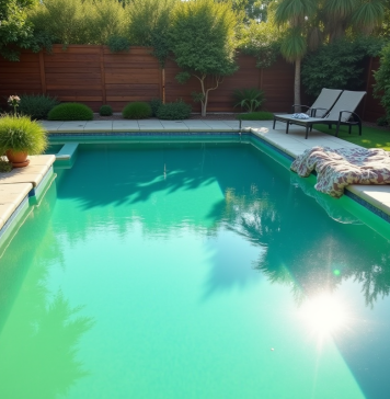 Chlore choc piscine verte : les raisons expliquées et solutions efficaces Piscine extérieure avec algues et soleil brillant