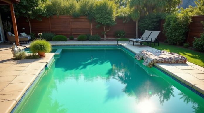 Piscine extérieure avec algues et soleil brillant