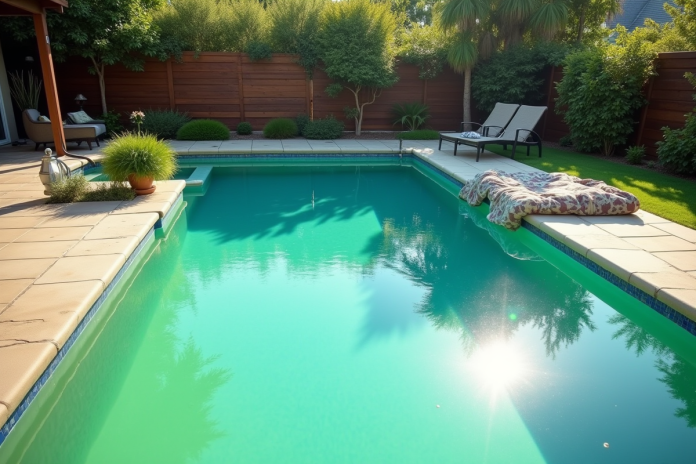 Piscine extérieure avec algues et soleil brillant