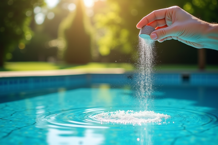 piscine-exterieure-soleil Piscine extérieure brillante sous le soleil avec traitement
