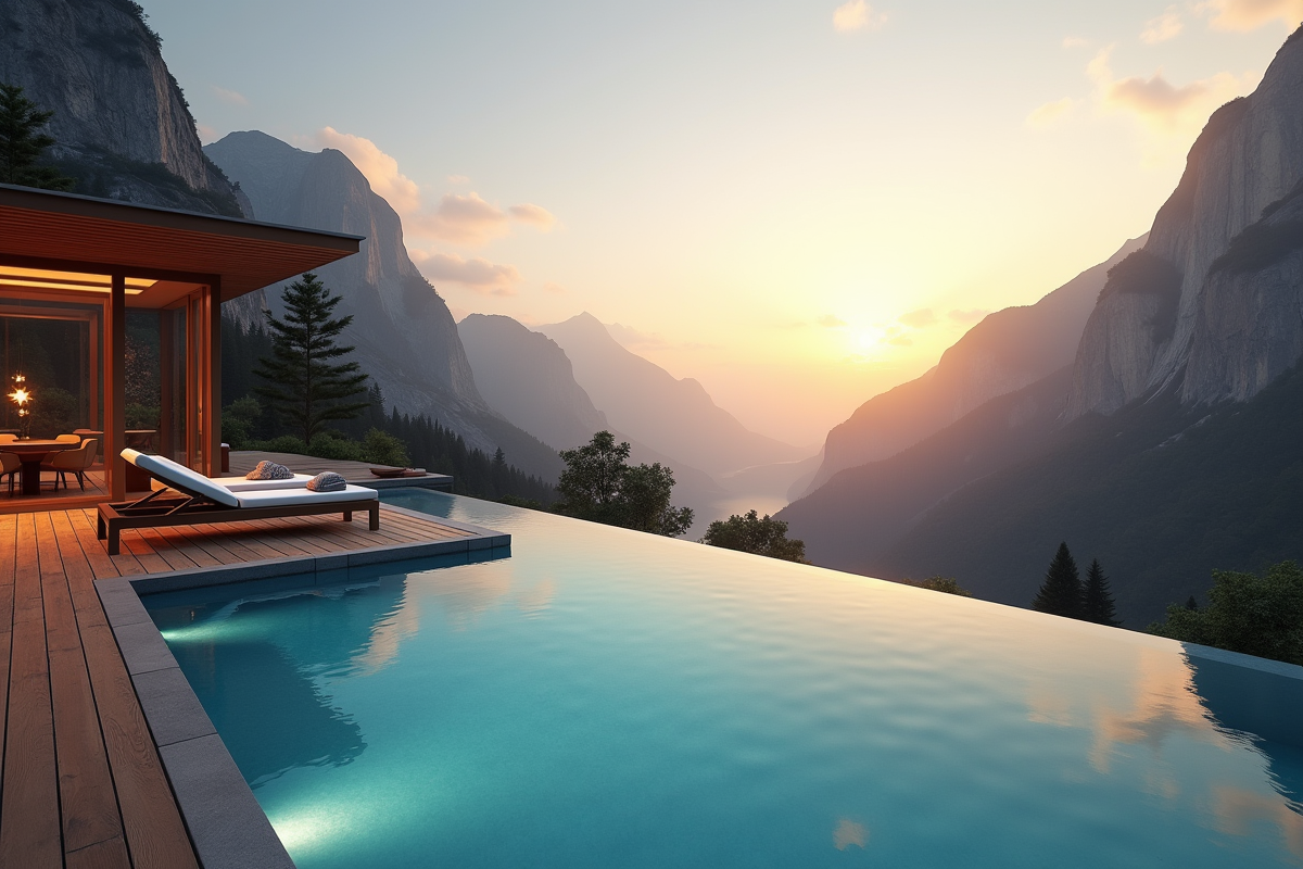 Piscine infinity sur fond de montagnes au coucher de soleil