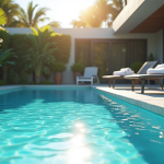 Piscine moderne dans un jardin ensoleille avec serviettes