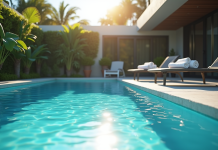 Piscine moderne dans un jardin ensoleille avec serviettes