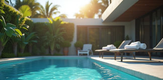 Piscine moderne dans un jardin ensoleille avec serviettes