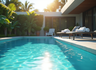 Piscine moderne dans un jardin ensoleille avec serviettes