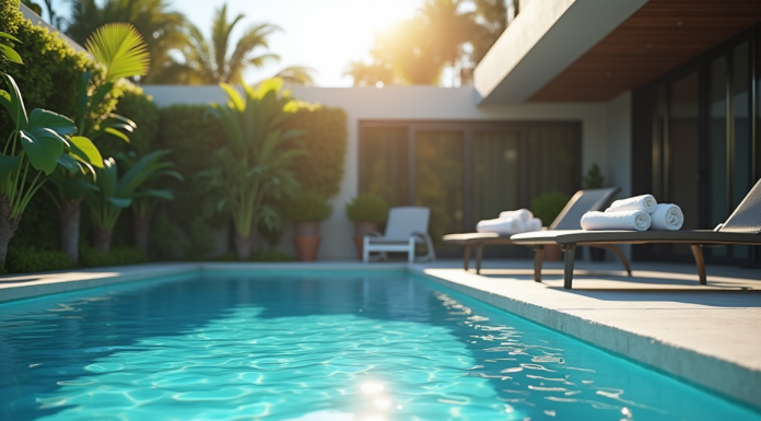 Piscine moderne dans un jardin ensoleille avec serviettes