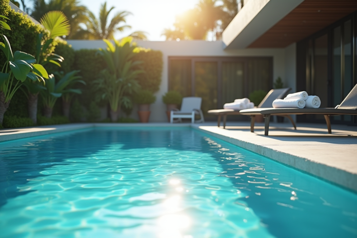 Piscine moderne dans un jardin ensoleille avec serviettes