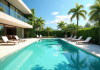 Piscine moderne avec eau turquoise et palmiers