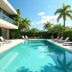 Piscine moderne avec eau turquoise et palmiers