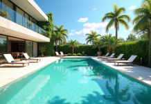 Piscine moderne avec eau turquoise et palmiers