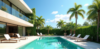 Piscine moderne avec eau turquoise et palmiers