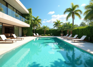 Piscine moderne avec eau turquoise et palmiers