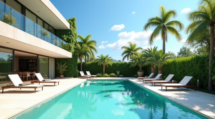 Piscine moderne avec eau turquoise et palmiers