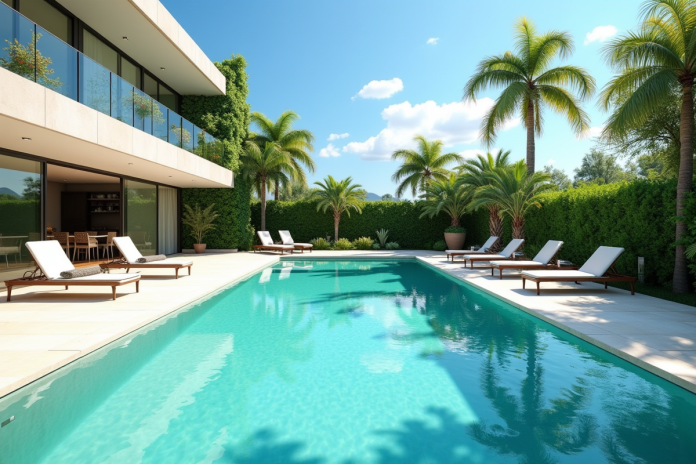 piscine-moderne-jardin-verdure Piscine moderne avec eau turquoise et palmiers