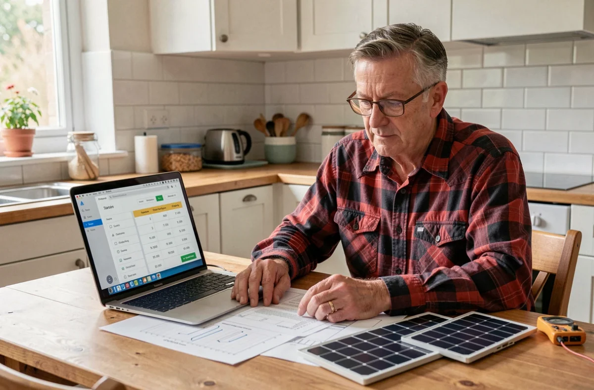 Un homme planifie son installation de panneaux solaires DIY avec des plans et un ordinateur portable