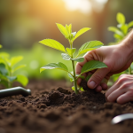 Mains de jardinier plantant des nepeta dans le sol du jardin