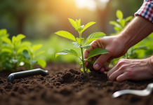 Mains de jardinier plantant des nepeta dans le sol du jardin
